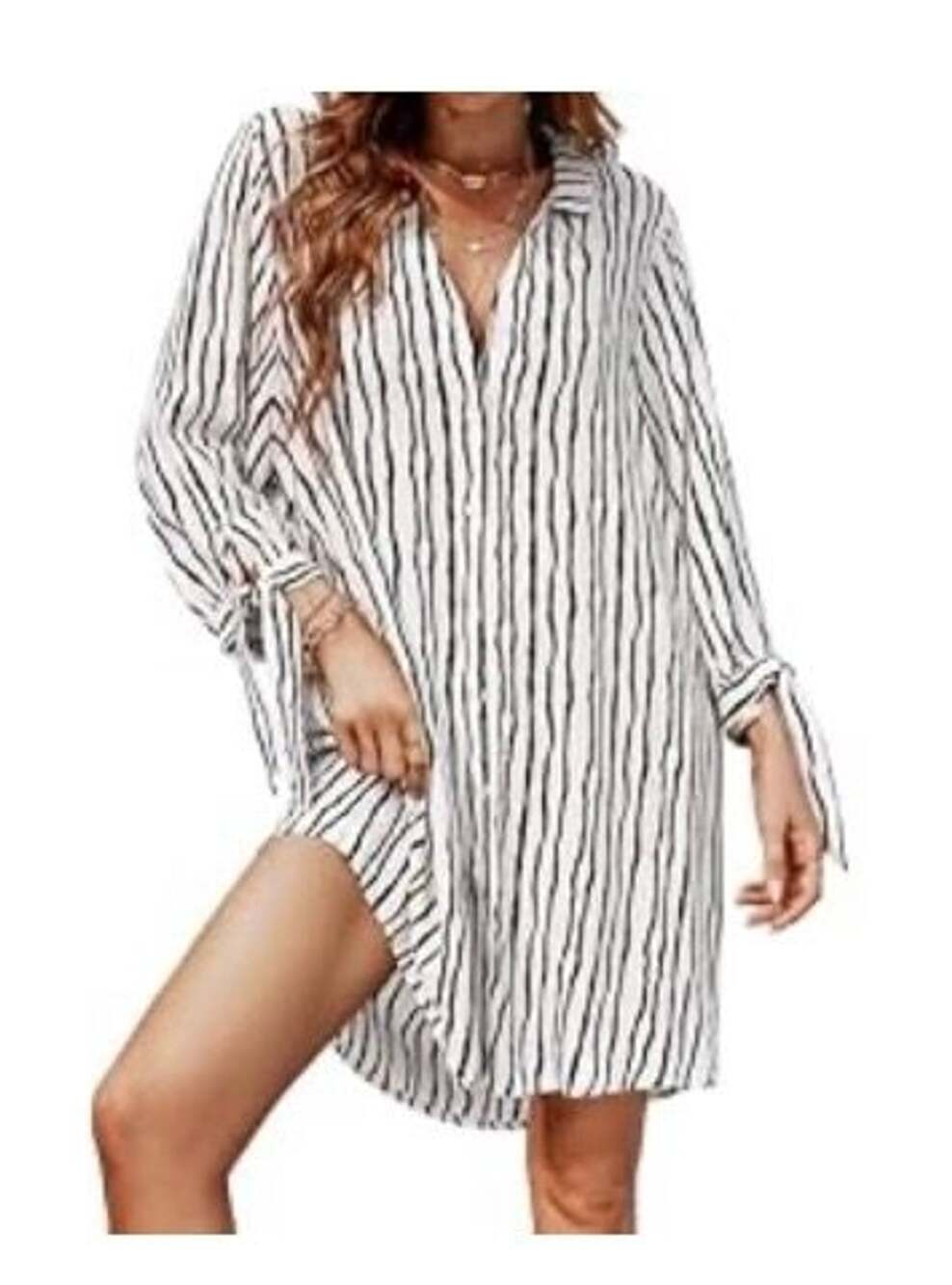 CUPSHE Women's Black and White Striped Beach Cover Up Shirt Dress XL
